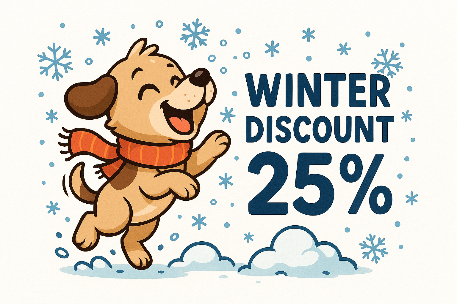 Cartoon pet showing winter discount of 25% playing in snow with white background 