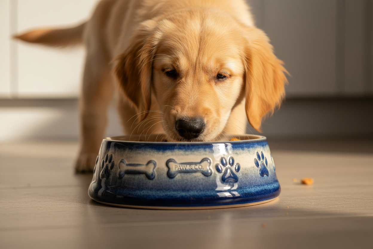 Pet dog eating in bowl highlight on bowl